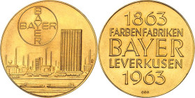 STÄDTE. 
LEVERKUSEN. 
Medaille 1963 (sign. R) 100 Jahre Farbenfabriken BAYER Leverkusen. Bayerkreuz über Werksanlagen u. Verwaltungshochhaus / 5 Z. ...