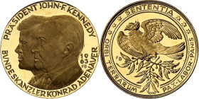 PERSONEN. 
ADENAUER, Konrad *1876 +1967. GOLD-Medaille i.Dukatengewicht 1963 sign.FB, auf d. Besuch Präs. J.F. Kennedy, beider Büste gestaffelt n.l.,...