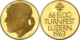 EUROPA. 
SCHWEIZ. 
GOLD 1963 (v. A. Bläsi) a.d. 66. Eidgenössische Turnfest. Au-33mm 26,9g (900). . 

GOLD l. Belag, vz-St