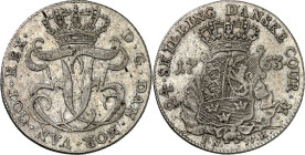 DÄNEMARK. 
KÖNIGREICH. 
Frederik V. 1746-1766. 24&nbsp;Skilling 1753 P.N. - v.H., 1762 HS-K Kopenhagen. Gekr. Monogramm / Gekr. Wappen mit Elefanten...