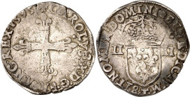 FRANKREICH. 
Charles X., König der Katholischen Liga 1589-1590. Quart d'écu, postum 1595 T, Nantes. Lilienkreuz&nbsp;/ Gekr. Lilienwappen. Dup. 1177,...