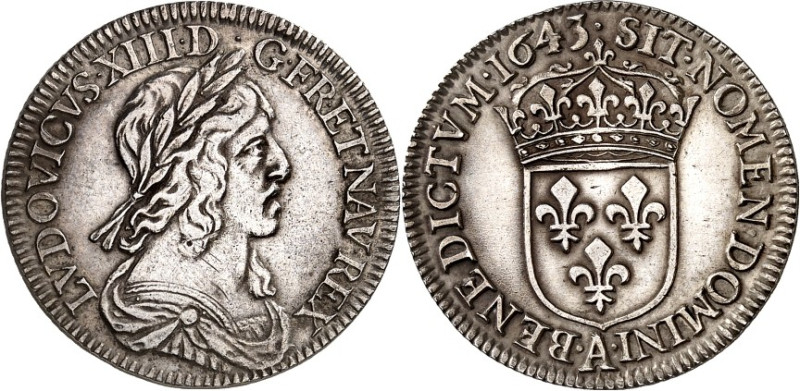 FRANKREICH. 
Louis XIII. 1610-1643. Quart (1/4) Ecu 1643 A Paris. Belorb. Brb. ...