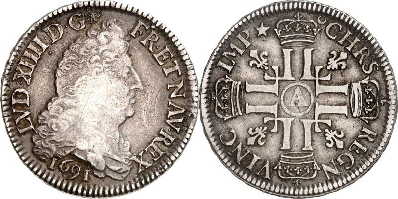 FRANKREICH. 
Louis XIV. 1643-1715. 1/2 Ecu aux 8 L 1691 A Paris. Brb. n.r. / Kr...