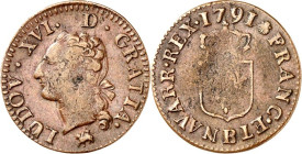 FRANKREICH. 
Louis XVI. 1774-1792. Lot Cu-1/2 Sol 1778 & Aix, Liard 1791B Rouen, (2). . 

s
