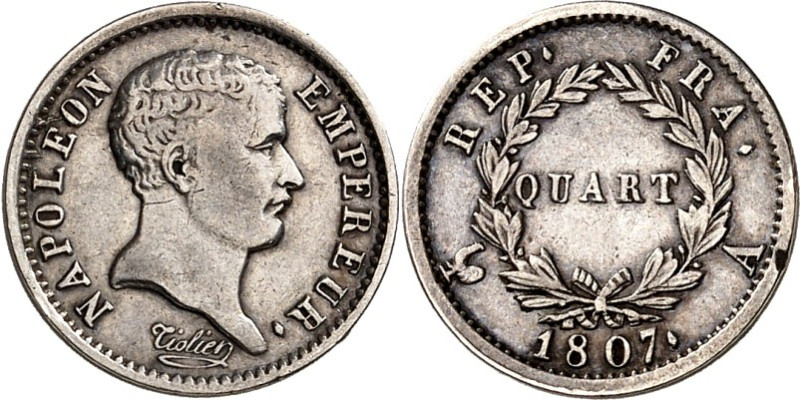 FRANKREICH. 
Napoleon I. 1804-1814. Quart Franc 1807 A Paris, Kopf ohne Lorbeer...