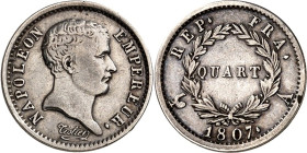 FRANKREICH. 
Napoleon I. 1804-1814. Quart Franc 1807 A Paris, Kopf ohne Lorbeer. Gad. 348, KM 670.1. R. 

ss