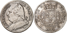 FRANKREICH. 
Louis XVIII. 1814-1824. 5 Francs 1814 Q, Perpignan, I. Restauration. Gad. 591, KM 706.5. . 

R s/ss
