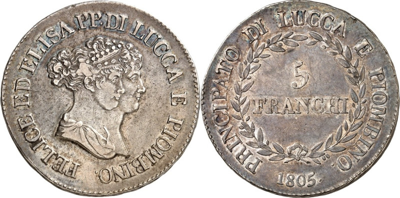 ITALIEN. 
LUCCA. 
Elisa Bonaparte & Felix Bacciocchi 1805-1814. 5&nbsp;Franchi...