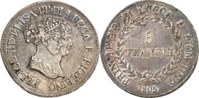 ITALIEN. 
LUCCA. 
Elisa Bonaparte & Felix Bacciocchi 1805-1814. 5&nbsp;Franchi 1805. Beider Büsten n.r. / Wert im Lorbeerkranz. KM&nbsp; 24, Dv.&nbs...