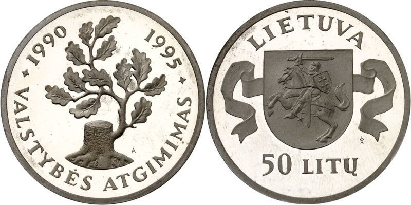 LITAUEN (LITHUANIA). 
Zweite Republik. 
50 Litu 1995 Ag, 5 Jahre Republik. KM&...