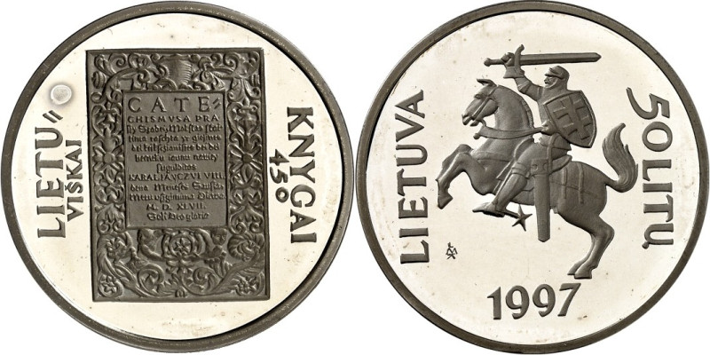 LITAUEN (LITHUANIA). 
Zweite Republik. 
50 Litu 1997 Ag, 1. Buch in Litauen. K...