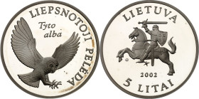 LITAUEN (LITHUANIA). 
Zweite Republik. 
5 Litai 2002 Ag, Schleiereule. KM&nbsp; 127. 28,28g, 925 fein. 

P.P.