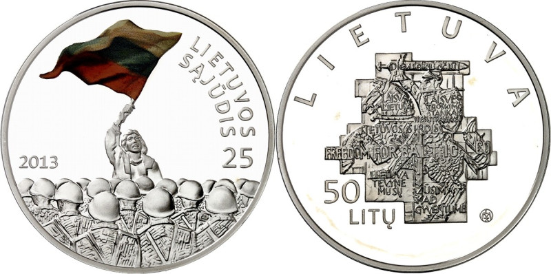 LITAUEN (LITHUANIA). 
Zweite Republik. 
50 Litu 2013 Ag, 25 Jahre Jajudis. KM&...