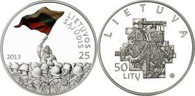 LITAUEN (LITHUANIA). 
Zweite Republik. 
50 Litu 2013 Ag, 25 Jahre Jajudis. KM&nbsp; 195. 28,28g , 925 fein. 

P.P., farbig