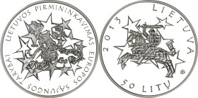 LITAUEN (LITHUANIA). 
Zweite Republik. 
50 Litu 2013 Ag, EU- Präsidentschaft. KM&nbsp; 196. 28,28g , 925 fein. 

P.P.