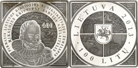LITAUEN (LITHUANIA). 
Zweite Republik. 
100 Litu 2013 Klippe Ag, 400 J. 1. Landkarte. KM&nbsp; 198. 56,56g , 925 fein. 

P.P.