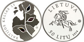 LITAUEN (LITHUANIA). 
Zweite Republik. 
50 Litu 2014 Ag, 25 J. Baltischer Weg. KM&nbsp; 200. 28,28g , 925 fein. 

P.P., farbig