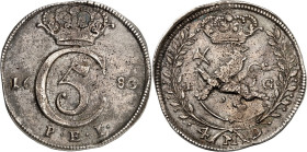 NORWEGEN. 
Christian V. 1670-1699. Krone 1683 Christiania (Oslo), gekr. C5 / gekr. Wappenlöwe. ABH. 77. . 

ss