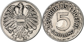 ÖSTERREICH. 
2.&nbsp;Republik seit 1947. 5 Schilling 1957 Al. J.&nbsp; 457. Seltenes Jahr!. 

vz