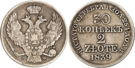 POLEN. 
Unter Russland. 
Nikolaus I. 1825-1855. 30&nbsp;Kopeken&nbsp;= 2&nbsp;Zlote 1836, 1839, 1840 M-W, Warschau (3). Gum.&nbsp; 2543, Kam./Kop.&n...