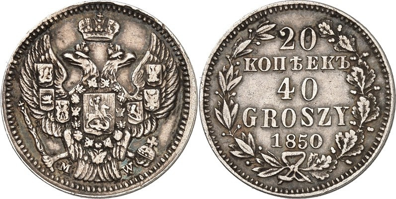 POLEN. 
Unter Russland. 
Nikolaus I. 1825-1855. 20&nbsp;Kopeken = 40&nbsp;Gros...