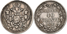 POLEN. 
Unter Russland. 
Nikolaus I. 1825-1855. 20&nbsp;Kopeken = 40&nbsp;Groszy 1850 M-W Warschau. Gum.&nbsp; 2545, Kam./Kop.&nbsp; 909, Uzd.&nbsp;...