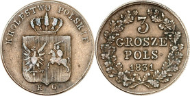 POLEN. 
Unter Russland. 
Polnischer Aufstand 1830-1831. Cu-3&nbsp;Groszy 1831 o.Mzz., Mmz. K.G. Gekr. Wappen (Kronenkreuz weist zw. W-O)&nbsp;/ 4&nb...