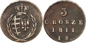 POLEN. 
WARSCHAU, Großherzogtum. 
Friedrich I. August von Sachsen 1807-1814. Cu-3&nbsp;Groszy 1811 I-S Warschau. Gekr. Wappen im Kranz / 4 Z. Wert, ...