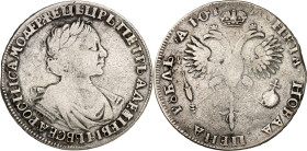 RUSSLAND. 
ZARENREICH. 
Peter I., der Große 1689-1725. Rubel AYQ (1719) Mmz. OK (Ottfried König), Moskau. Geharn. belorb. Brb. n.r. / Gekr. Doppelad...