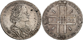RUSSLAND. 
ZARENREICH. 
Peter I., der Große 1689-1725. Rubel 1723 o.Mmz., Moskau. Geharn. belorb. Brb., mit 10 Armlinien, n.r. / gekr. Initiale P I ...