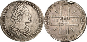 RUSSLAND. 
ZARENREICH. 
Peter I., der Große 1689-1725. Rubel 1724 o.Mmz., Moskau. Geharn. belorb. Brb. n.r.&nbsp;/ gekr. Initiale&nbsp; P&nbsp;I ins...