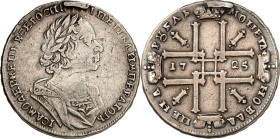 RUSSLAND. 
ZARENREICH. 
Peter I., der Große 1689-1725. Rubel 1725 Moskau. Belorb. Brb. n.r. / Kreuz aus 4 gekr. Monogrammen. Uzd. 625, Dv. 1662, Sev...