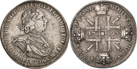 RUSSLAND. 
ZARENREICH. 
Peter I., der Große 1689-1725. Rubel ("Sonnenrubel") 1725 C Pb, St. Petersburg. Geharn. belorb. Brb. n.r.; oben 6-strahl. St...