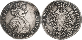 RUSSLAND. 
ZARENREICH. 
Peter I., der Große 1689-1725. Poltina (1/2 Rubel) AYE (1707) o. Mzz., Geharn. belorb. Brb. n.r. / Gekr. Doppeladler, kyrill...