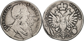 RUSSLAND. 
ZARENREICH. 
Peter I., der Große 1689-1725. Poltina (1/2 Rubel) 1712 o. Mzz., Moskau. Geharn. belorb. Brb. n.r. / Gekr. Doppeladler, arab...