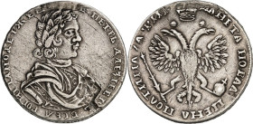 RUSSLAND. 
ZARENREICH. 
Peter I., der Große 1689-1725. Poltina 1/2 Rubel (1718) o. Mzz., Moskau. Geharnischtes belorbeertes Brb. mit Umhang n.r. / G...