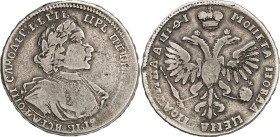 RUSSLAND. 
ZARENREICH. 
Peter I., der Große 1689-1725. Poltina 1/2 Rubel 1719 kyrill. Moskau. Belorb. geharn. Brb. n.r. / Gekr. Doppeladler, am Rand...