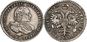 RUSSLAND. 
ZARENREICH. 
Peter I., der Große 1689-1725. Poltina 1/2 Rubel (1721) kyrill. o. Mzz., Moskau , Geharn. belorb. Brb.mit Umhang n.r. / Gekr...
