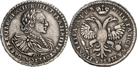 RUSSLAND. 
ZARENREICH. 
Peter I., der Große 1689-1725. Poltina 1/2 Rubel (1722) kyrill. o. Mzz., Moskau , Geharn. belorb. Brb.mit Umhang n.r. / Gekr...
