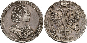 RUSSLAND. 
ZARENREICH. 
Peter I., der Große 1689-1725. Poltina 1/2 Rubel 1724 o. Mzz., Moskau , Geharn. belorb. Brb.mit Umhang n.r. / Gekr. Doppelad...