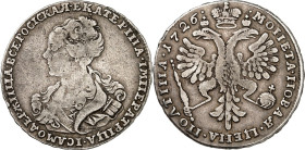 RUSSLAND. 
ZARENREICH. 
Katharina I. 1725-1727. Poltina (1/2 Rubel) 1726 C P-b St.Petersburg Brb. n. l. / Gekr. DA. Uzd.&nbsp; 649 ff. . 

ss-