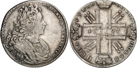 RUSSLAND. 
ZARENREICH. 
Peter II. 1727-1730. Rubel 1727 C P b St. Petersburg. Belorbeertes geharn. Brb. n.r. / Gekr. Initialen ins Kreuz gestellt. R...