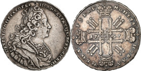 RUSSLAND. 
ZARENREICH. 
Peter II. 1727-1730. Rubel 1727 o. Mmz. Belorb., geharn. Brb. n.r., unten mit 6 Harnischnieten / Gekr. Initialen II ins Kreu...