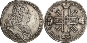 RUSSLAND. 
ZARENREICH. 
Peter II. 1727-1730. Rubel 1728 o.Mmz. Moskau. Antik geharn. belorb. Brb. altes Brb., ohne Orden, geschlossene Schleife n.r....