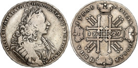RUSSLAND. 
ZARENREICH. 
Peter II. 1727-1730. Rubel 1729 o.Mmz. Moskau. Antik geharn. belorb. Brb. (altes Brb., m. Kranzschleife), ohne Orden, n.r. /...