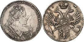 RUSSLAND. 
ZARENREICH. 
Anna 1730-1740. Rubel 1731 o. Mzz., Moskau. "Geharn." Brb. mit Ordensband, Krönchen und Brosche n.r. / Gekr. Doppeladler. Uz...