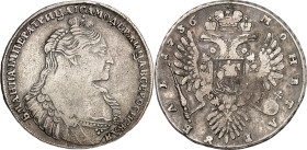 RUSSLAND. 
ZARENREICH. 
Anna 1730-1740. Rubel 1736 Brb. n.r. mit 9/13 Perlen , 3 Perlen an Brustschnüre / Gekr. Doppeladler. Uzd.&nbsp; 726, Dv.&nbs...