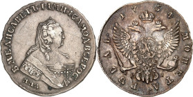 RUSSLAND. 
ZARENREICH. 
Elisabeth 1741-1762. Rubel 1754 E I MMA, Moskau. Brb. n. r. / Gekr. Doppeladler. Uzd.&nbsp; 834, Dv.&nbsp; 1678, Brekke&nbsp...