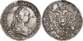 RUSSLAND. 
ZARENREICH. 
Elisabeth 1741-1762. Rubel 1757 C Pb, St. Petersburg, Mmz. R-I. (v. Dassier) Drap. Brb. mit Krönchen n.r / Gekr. Doppeladler...