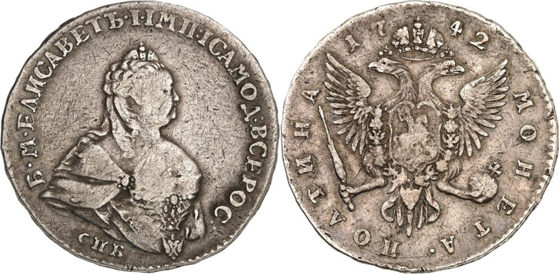 RUSSLAND. 
ZARENREICH. 
Elisabeth 1741-1762. Poltina (1/2 Rubel) 1742 C Pb, St...